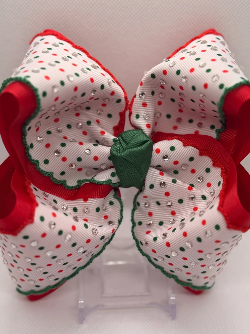 Festive Red White Polka Dot Kids Hair Bow 5 in Rhinestone Bow Christmas Holiday